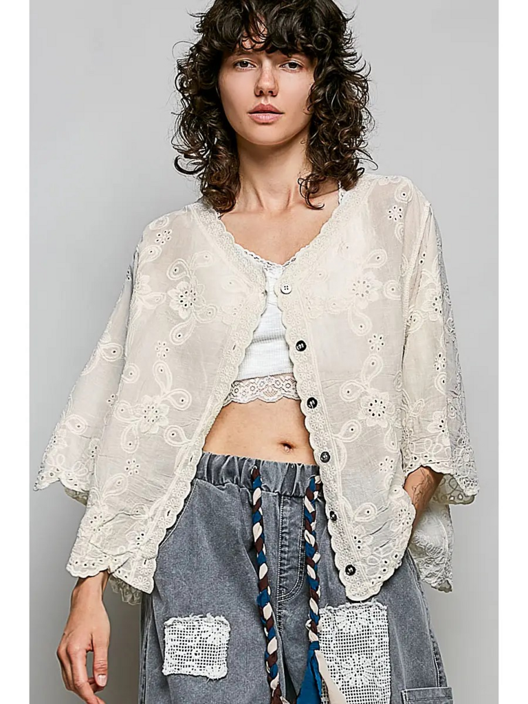 natural crocheted V neck short sleeve top