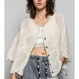 natural crocheted V neck short sleeve top