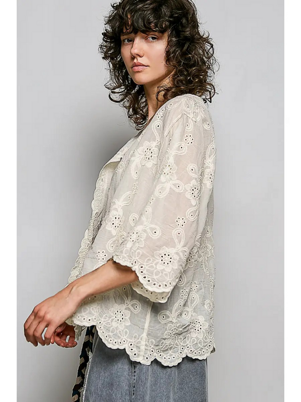 natural crocheted V neck short sleeve top