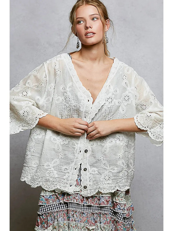 off white crocheted V neck short sleeve top