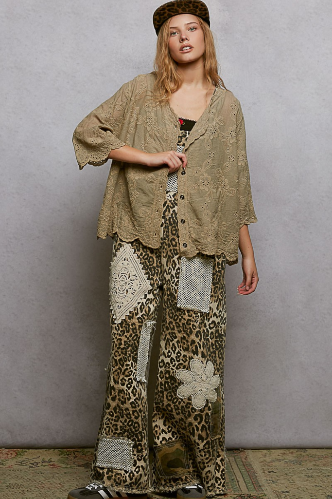 taupe crocheted V neck short sleeve top