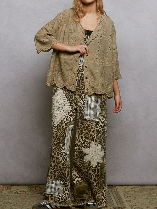 taupe crocheted V neck short sleeve top