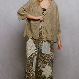 taupe crocheted V neck short sleeve top