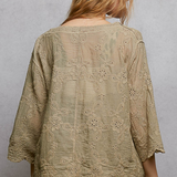 taupe crocheted V neck short sleeve top