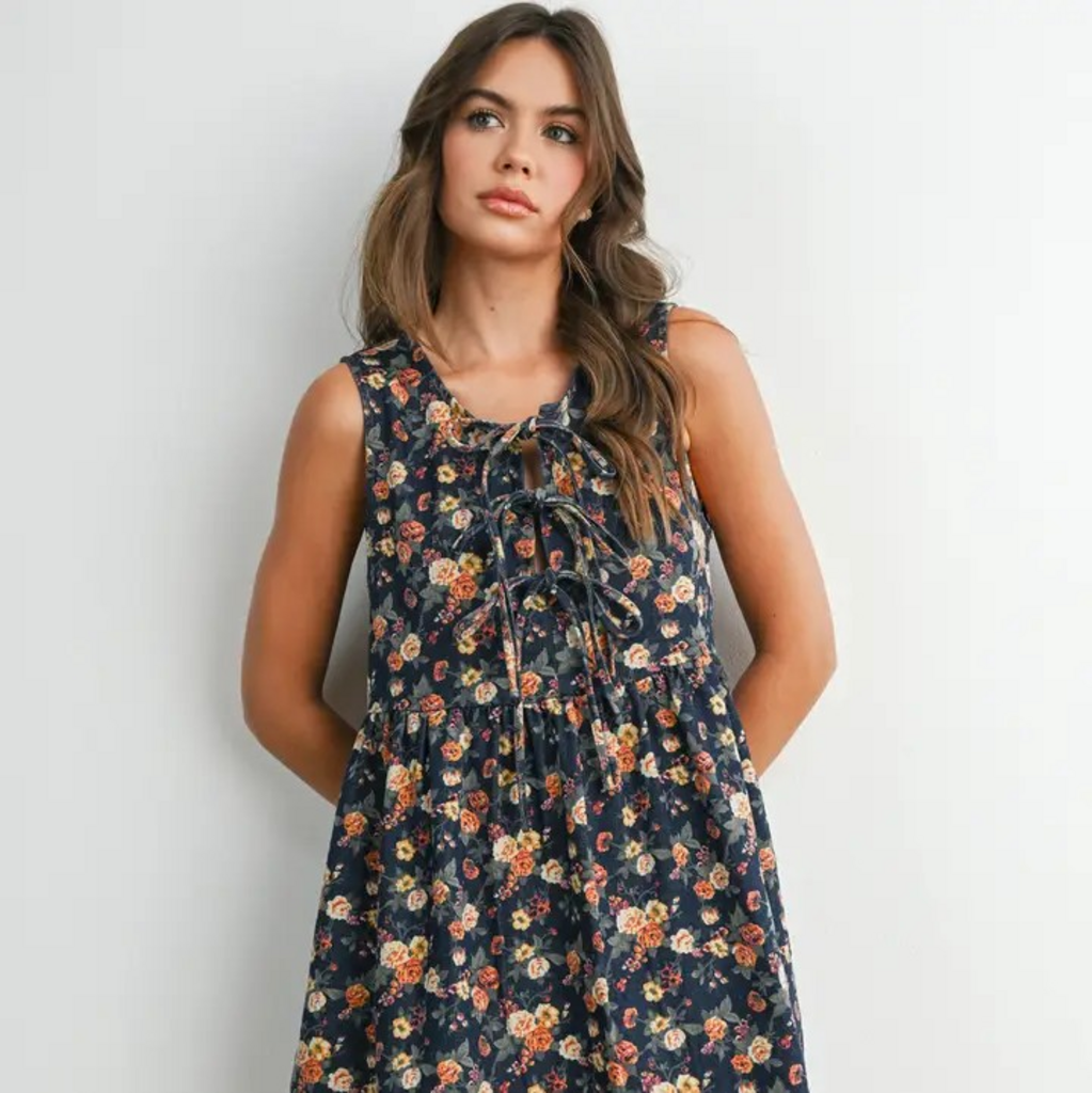 dark denim floral tie-front babydoll dress
