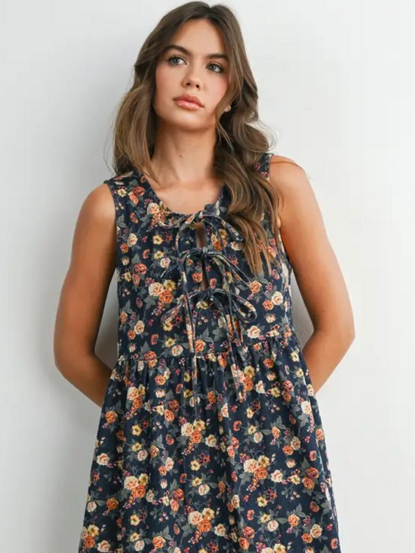dark denim floral tie-front babydoll dress