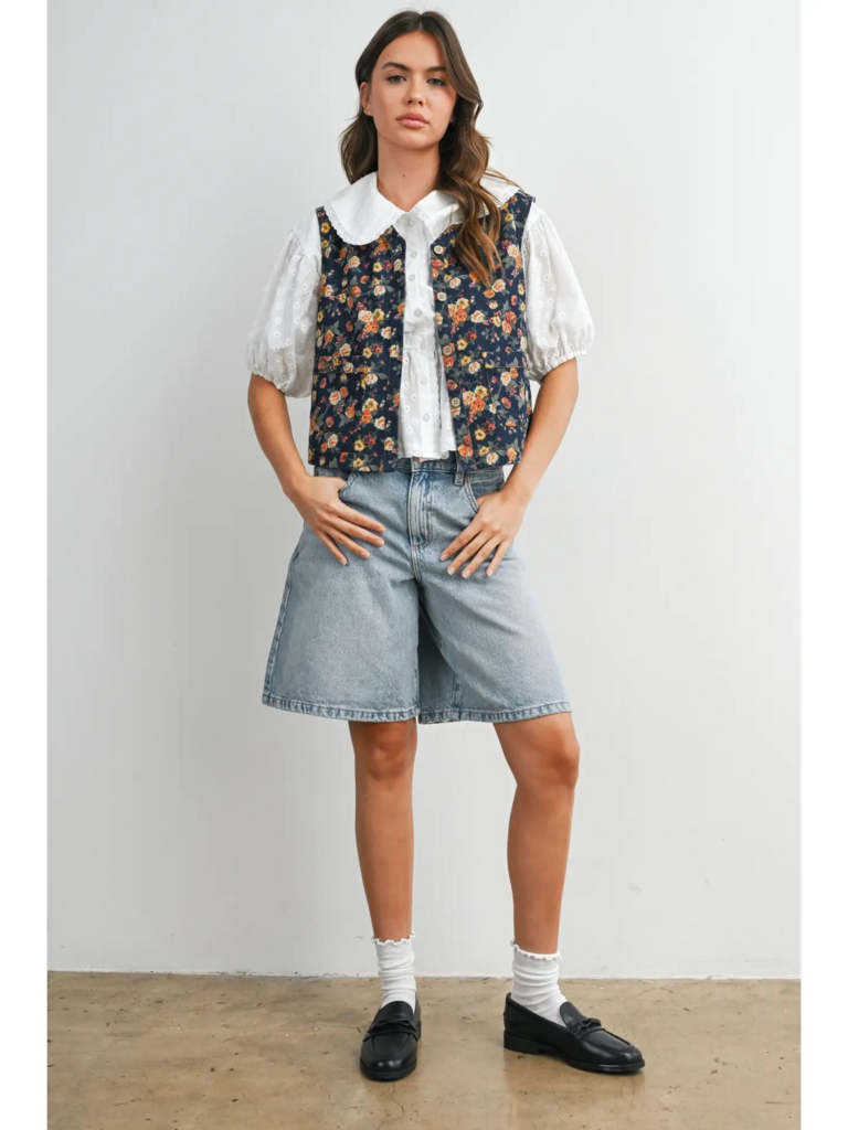 dark denim button front with floral motif outerwear