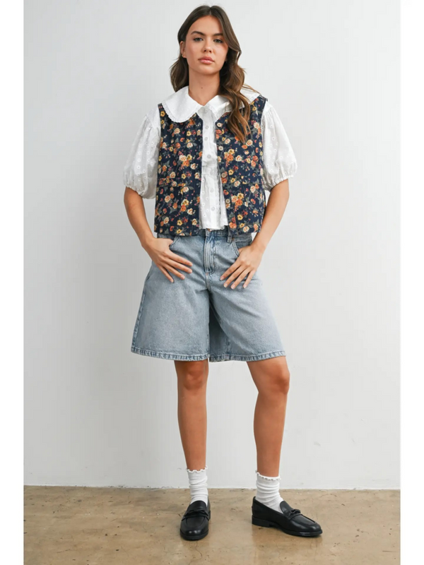 dark denim button front with floral motif outerwear