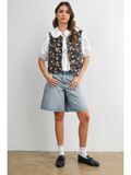 dark denim button front with floral motif outerwear