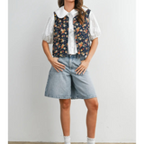 dark denim button front with floral motif outerwear