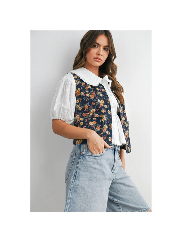 dark denim button front with floral motif outerwear