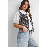 dark denim button front with floral motif outerwear