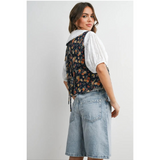 dark denim button front with floral motif outerwear