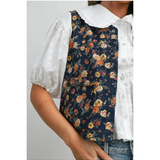 dark denim button front with floral motif outerwear