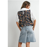 dark denim button front with floral motif outerwear