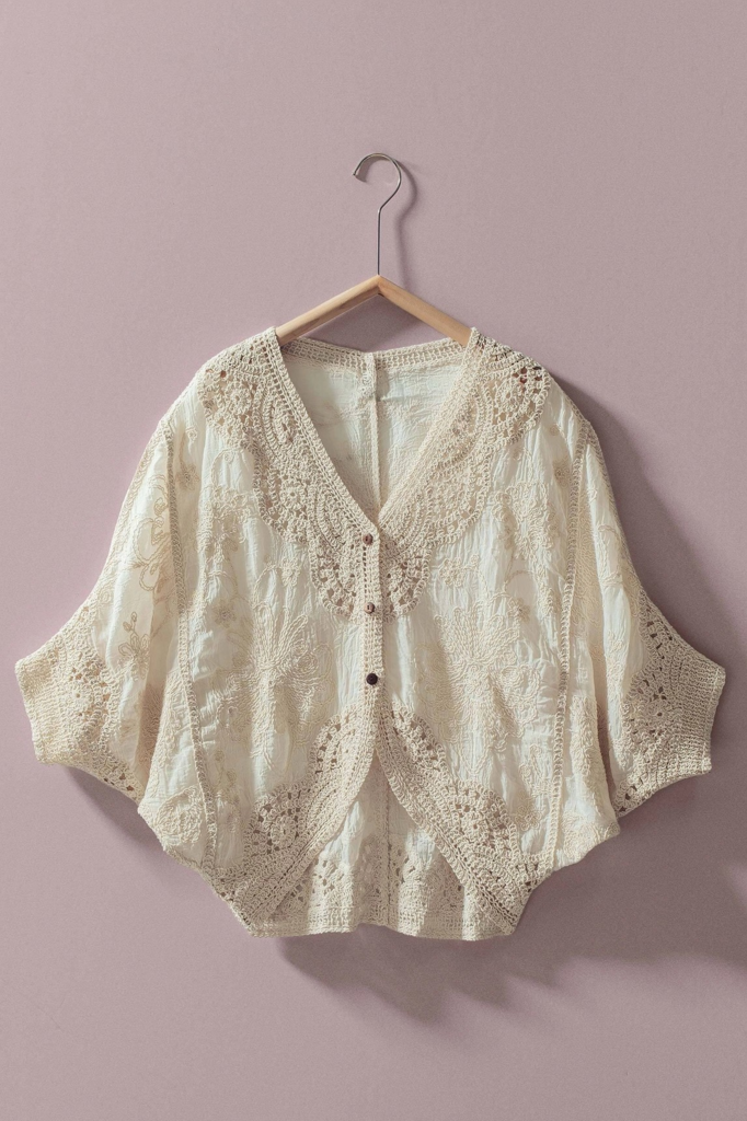 floral embroidered lace button front top
