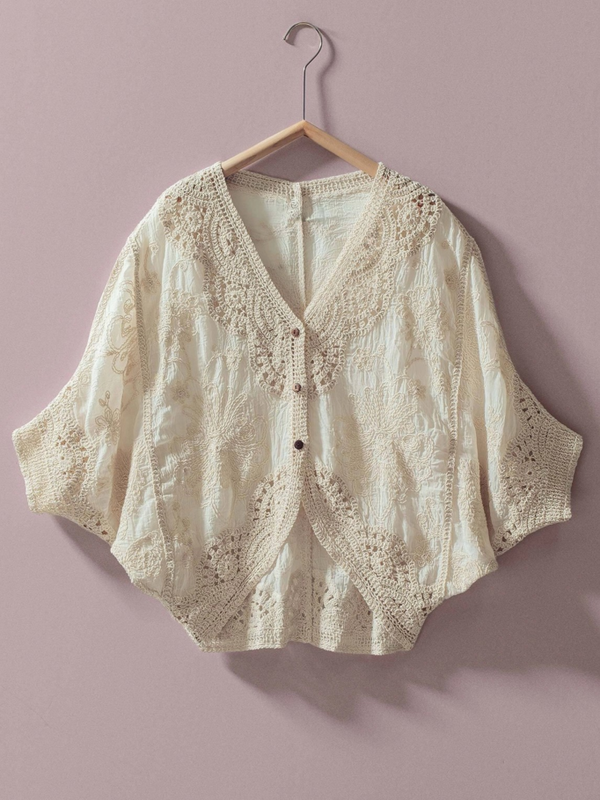 floral embroidered lace button front top