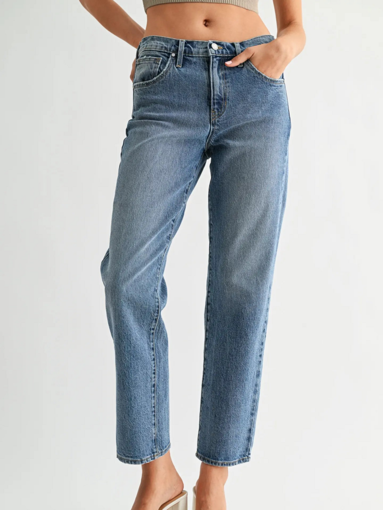 medium denim straight leg with a slight taper jean