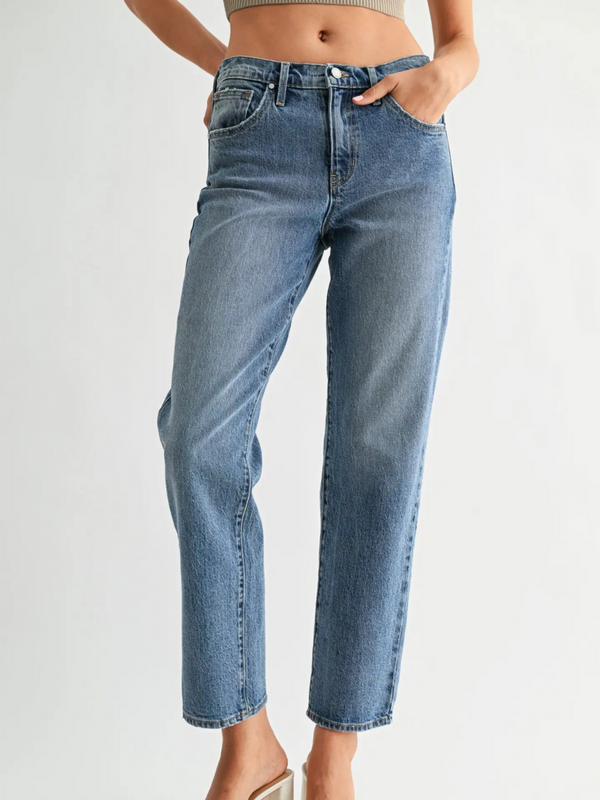 medium denim straight leg with a slight taper jean