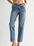 medium denim straight leg with a slight taper jean