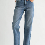 medium denim straight leg with a slight taper jean