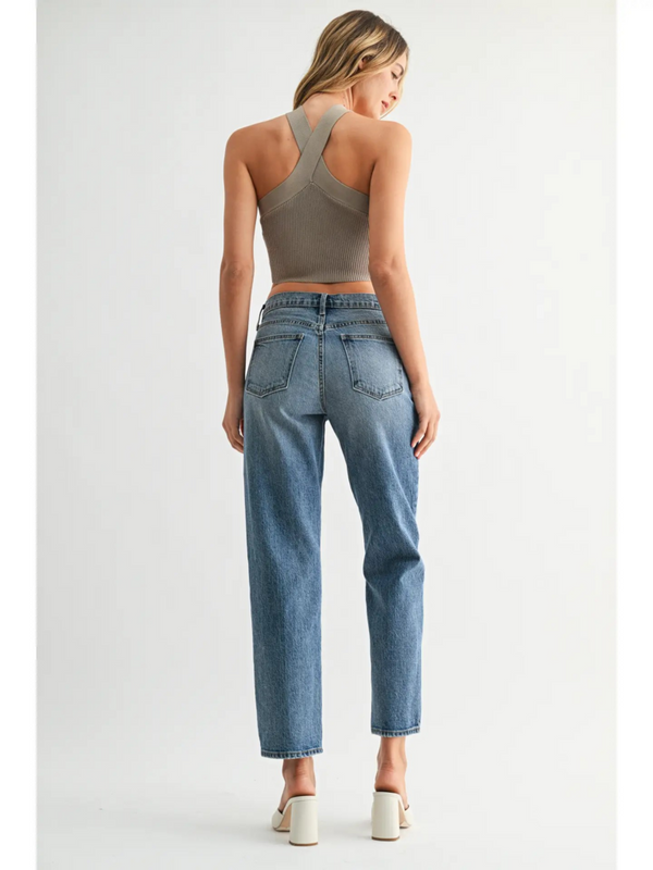 medium denim straight leg with a slight taper jean