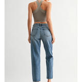 medium denim straight leg with a slight taper jean