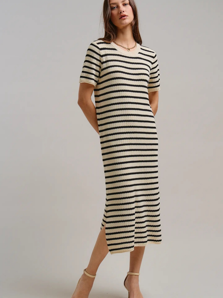 ivory and black striped crocheted knit short sleeve midi dress