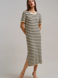 ivory and black striped crocheted knit short sleeve midi dress