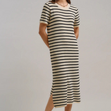 ivory and black striped crocheted knit short sleeve midi dress