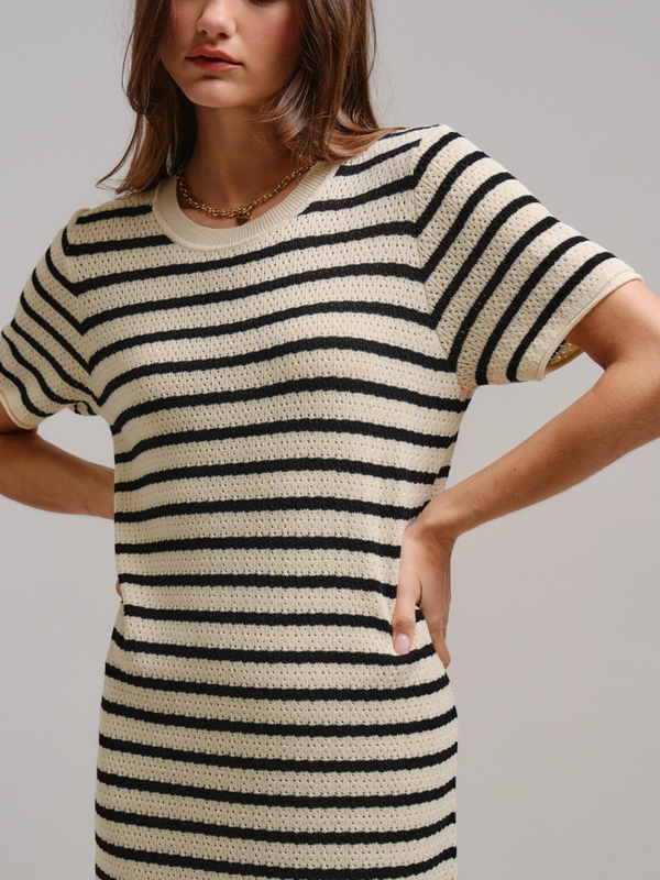 ivory and black striped crocheted knit short sleeve midi dress
