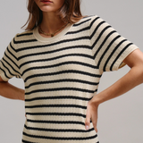 ivory and black striped crocheted knit short sleeve midi dress