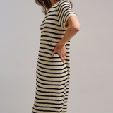 ivory and black striped crocheted knit short sleeve midi dress