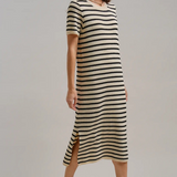 ivory and black striped crocheted knit short sleeve midi dress