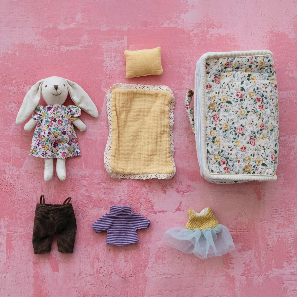 Fabric Suitcase Bed With Plush Bunny & Outfits