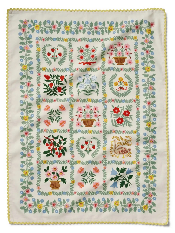 floral tea towel with yellow trim