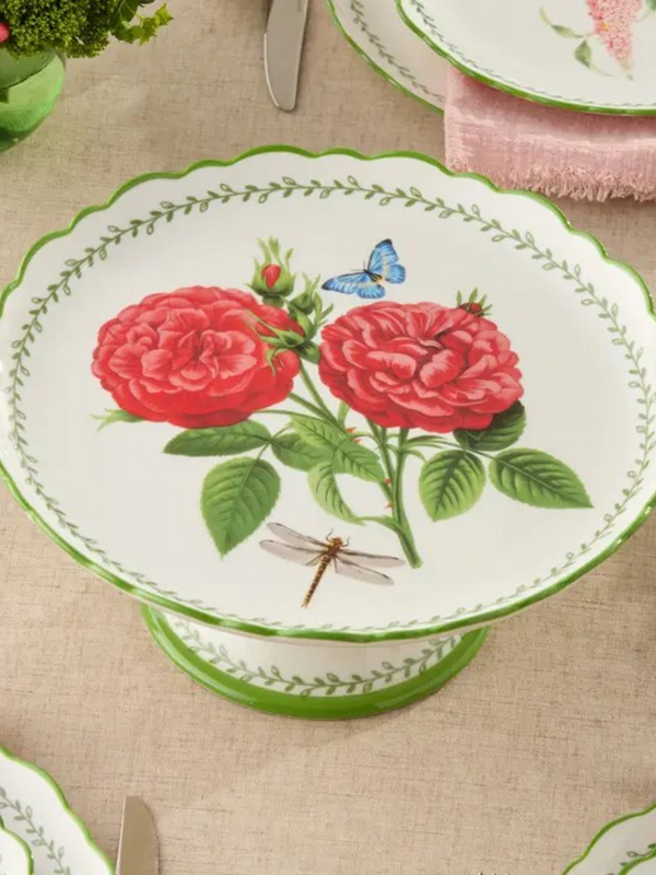 floral cake stand with green trim