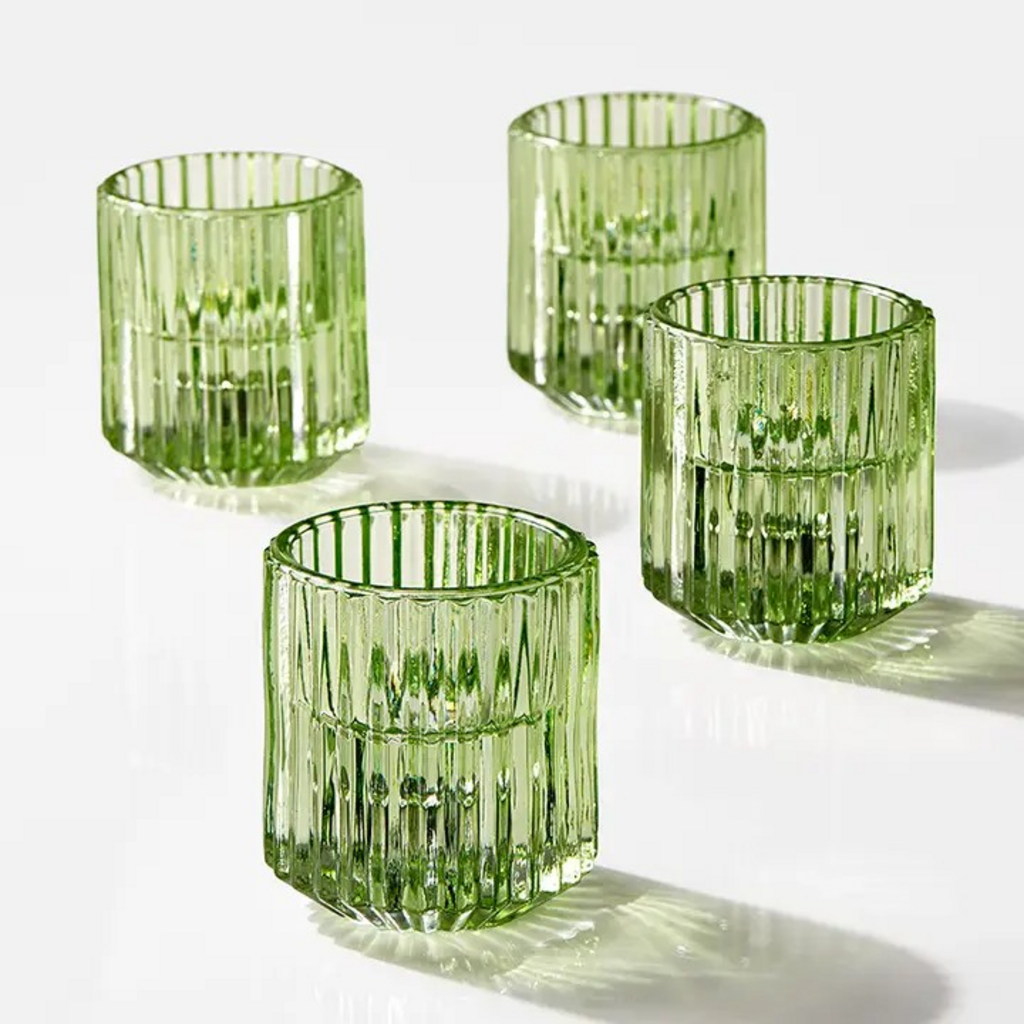 Green Pleated Glass Tea Light Holder