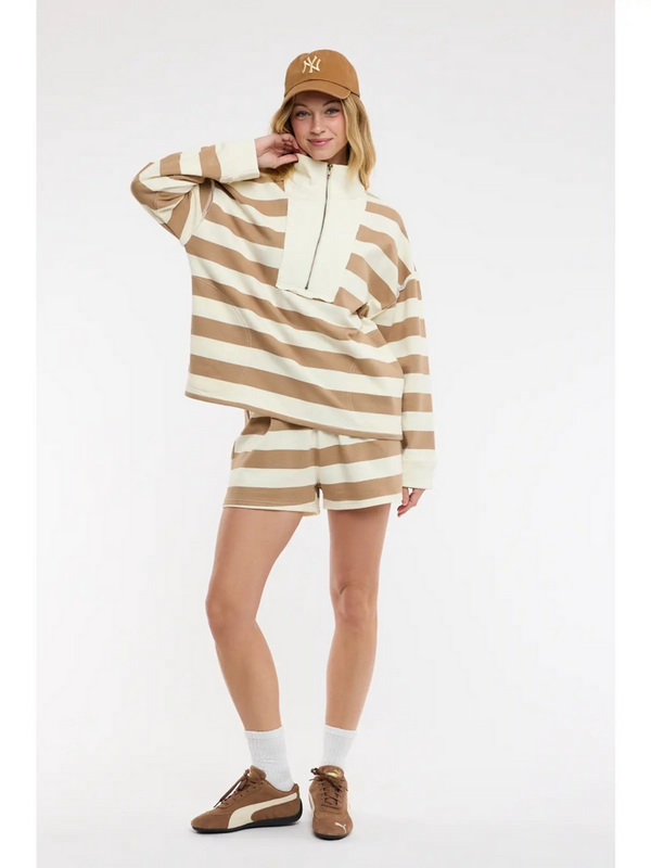 mocha & Cream striped knit top and shorts set