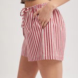 red & cream striped drawstring shorts