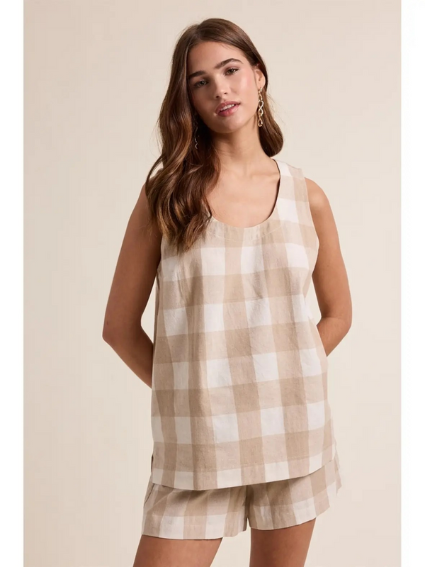 taupe & off white gingham tank top and shorts set