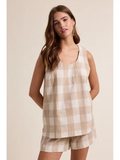 taupe & off white gingham tank top and shorts set