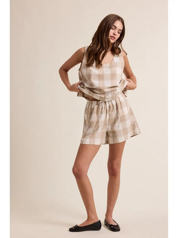 taupe & off white gingham tank top and shorts set