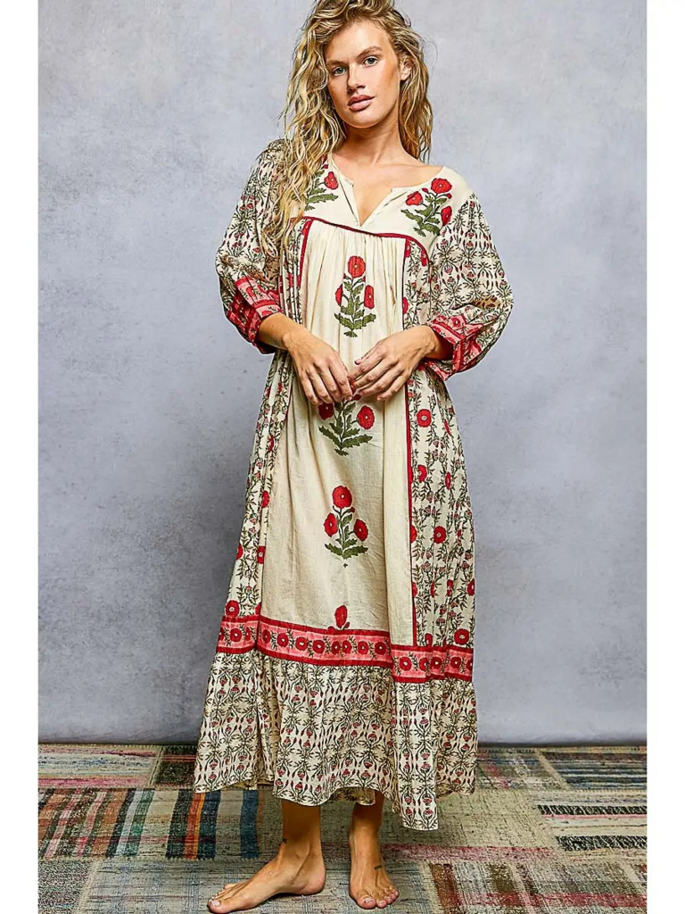 floral flowy maxi dress with round neckline