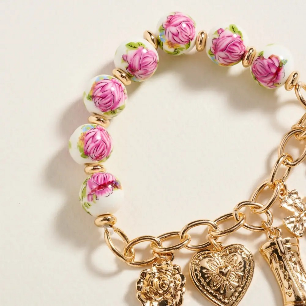 floral ceramic bead western charm stretch bracelet