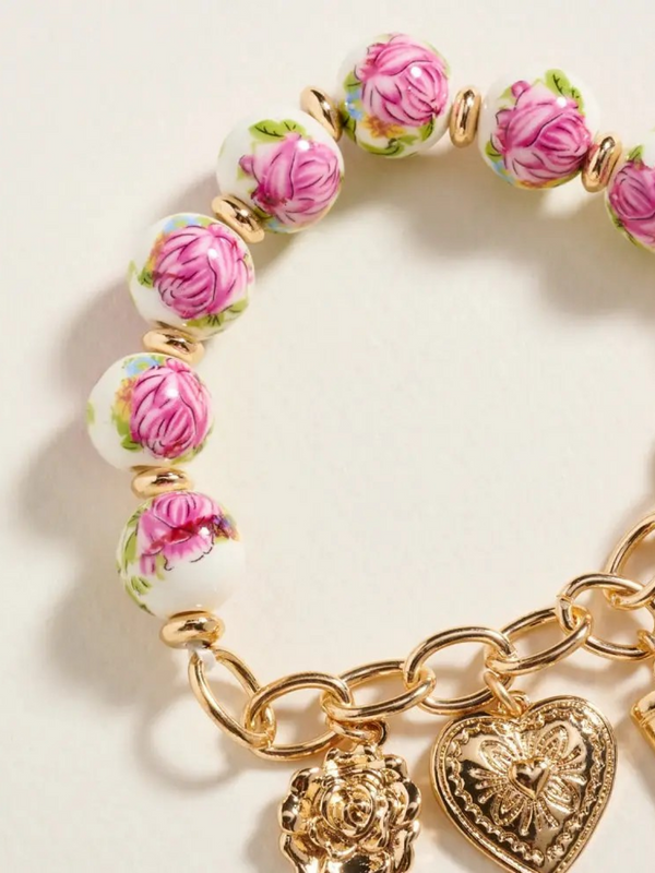 floral ceramic bead western charm stretch bracelet