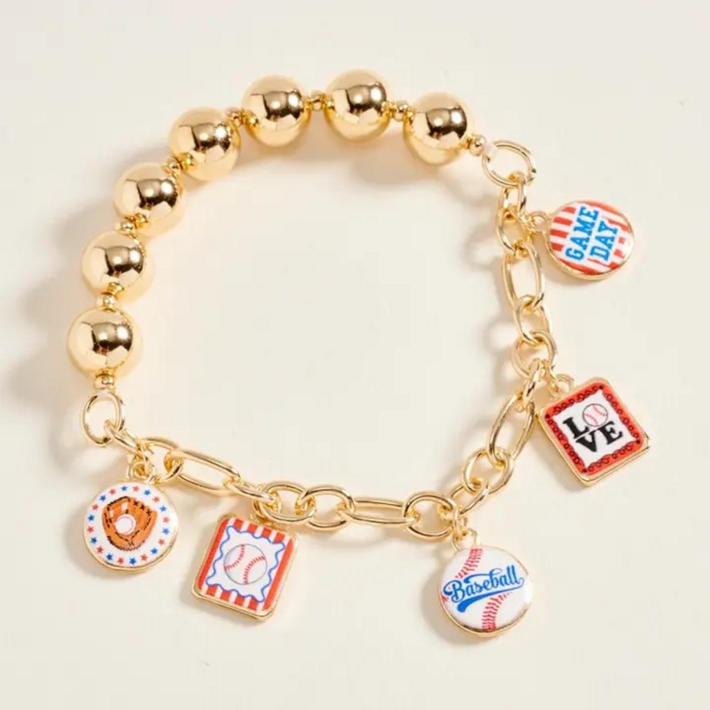 7.75" baseball theme charm beaded bracelet
