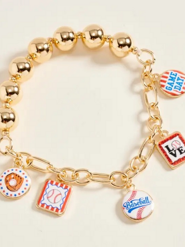 7.75" baseball theme charm beaded bracelet