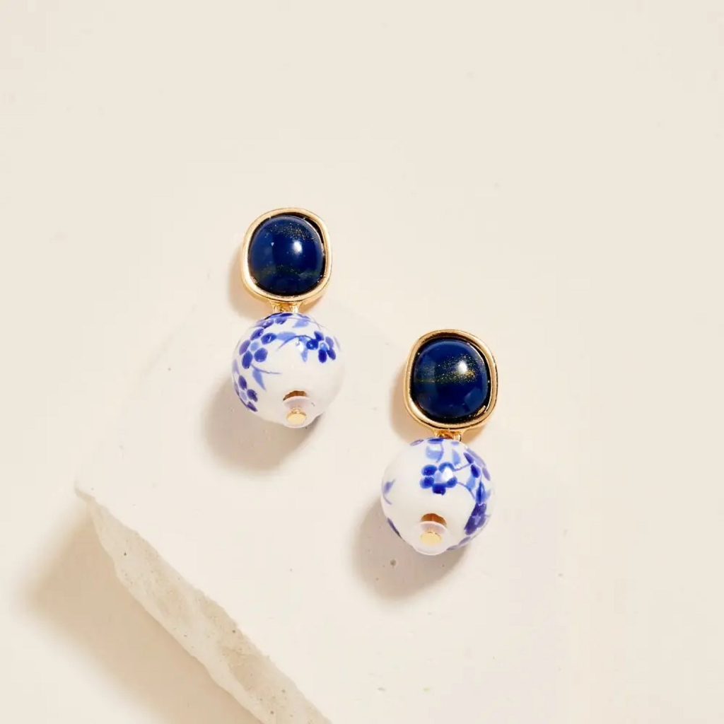 blue pattern printed ceramic bead drop earrings