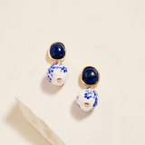 blue pattern printed ceramic bead drop earrings